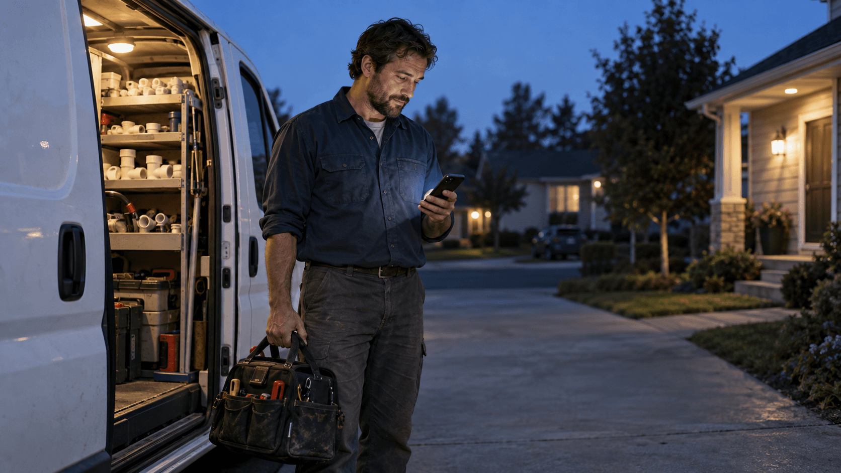 A plumber checks his phone beside an open service van at dusk, holding his tool bag.