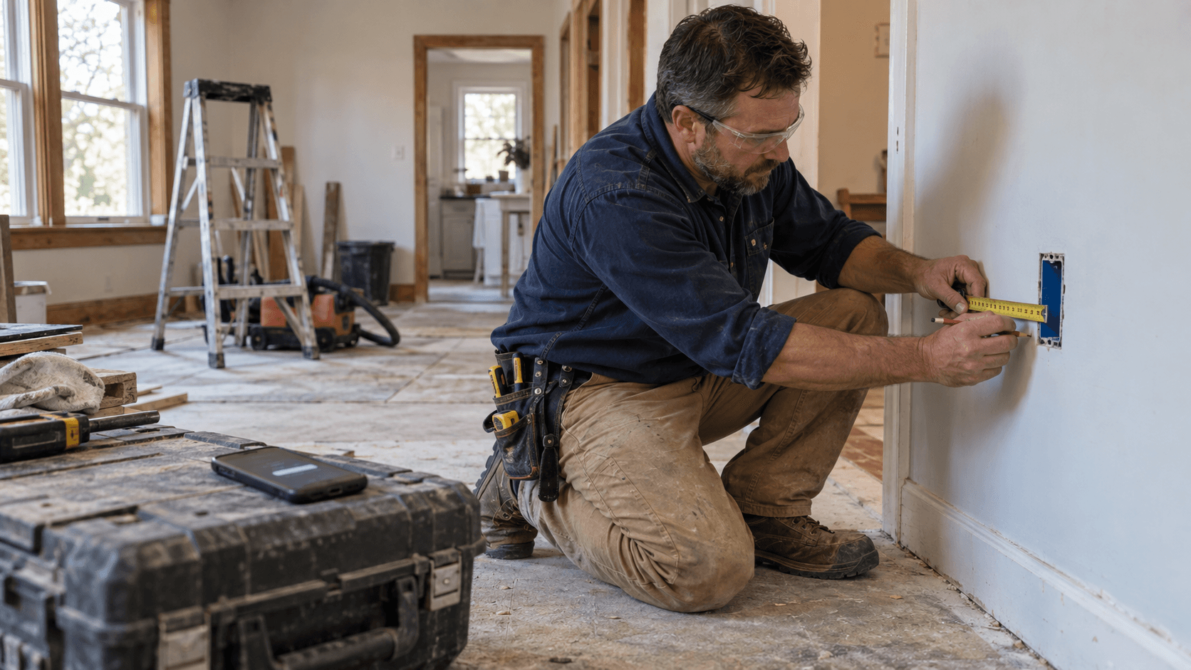 An electrician measures an empty wall outlet box while a smartphone rests on a nearby tool case.