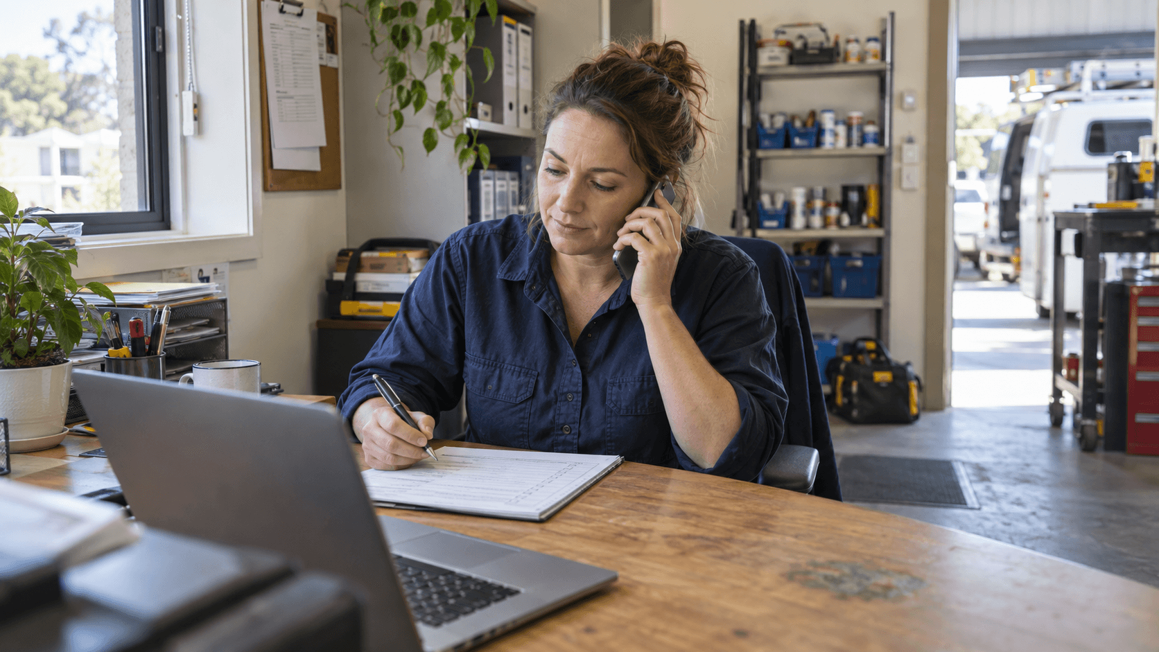 A trade-business owner listens to a phone call while reviewing a checklist at her workshop desk.